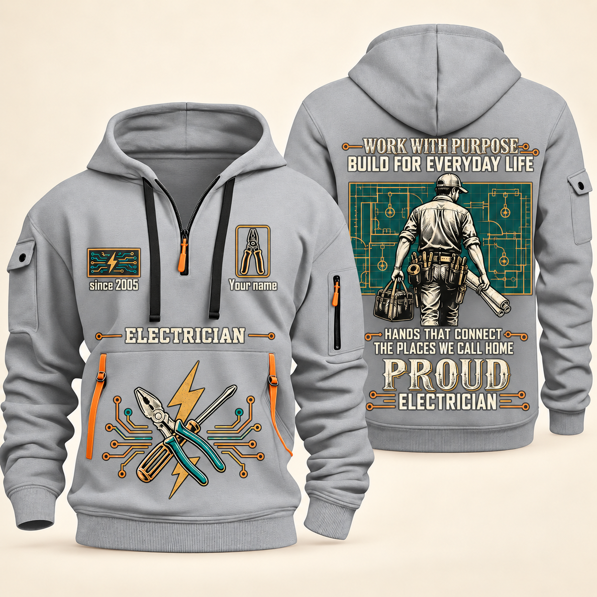 Electrician Built For The Everyday quarter-zip hoodie in Light Grey, front and back, Your name and since 2005 artwork