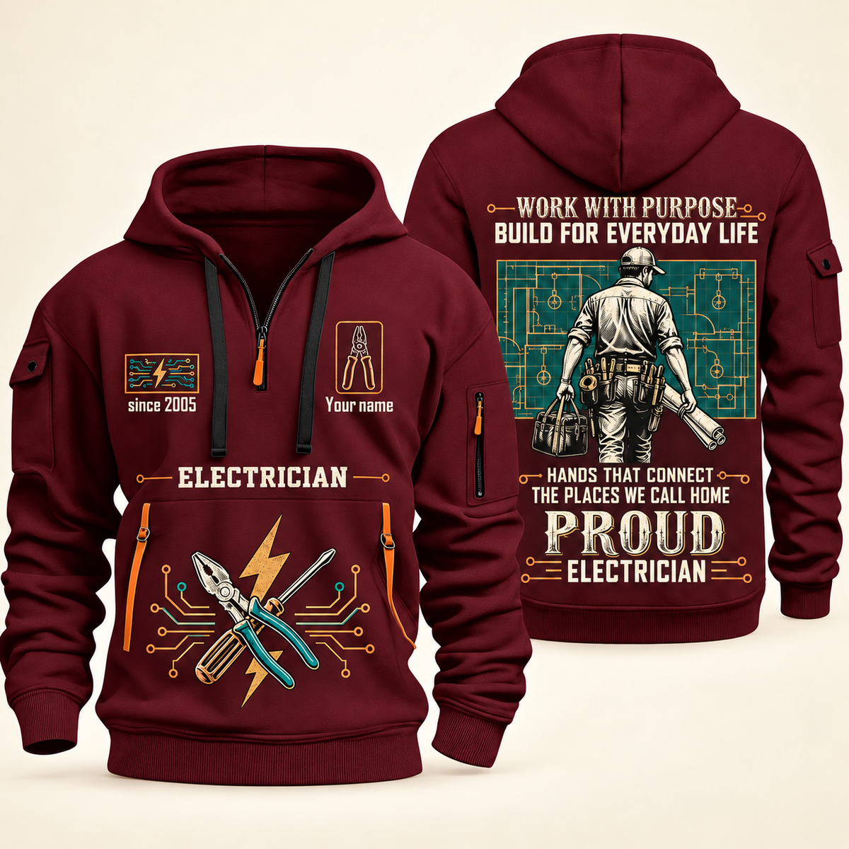Electrician Built For The Everyday quarter-zip hoodie in Wine Red, front and back, Your name and since 2005 artwork