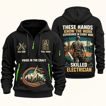 Electrician Hands That Power quarter-zip hoodie in Black, front and back, Your name and since 2005 artwork