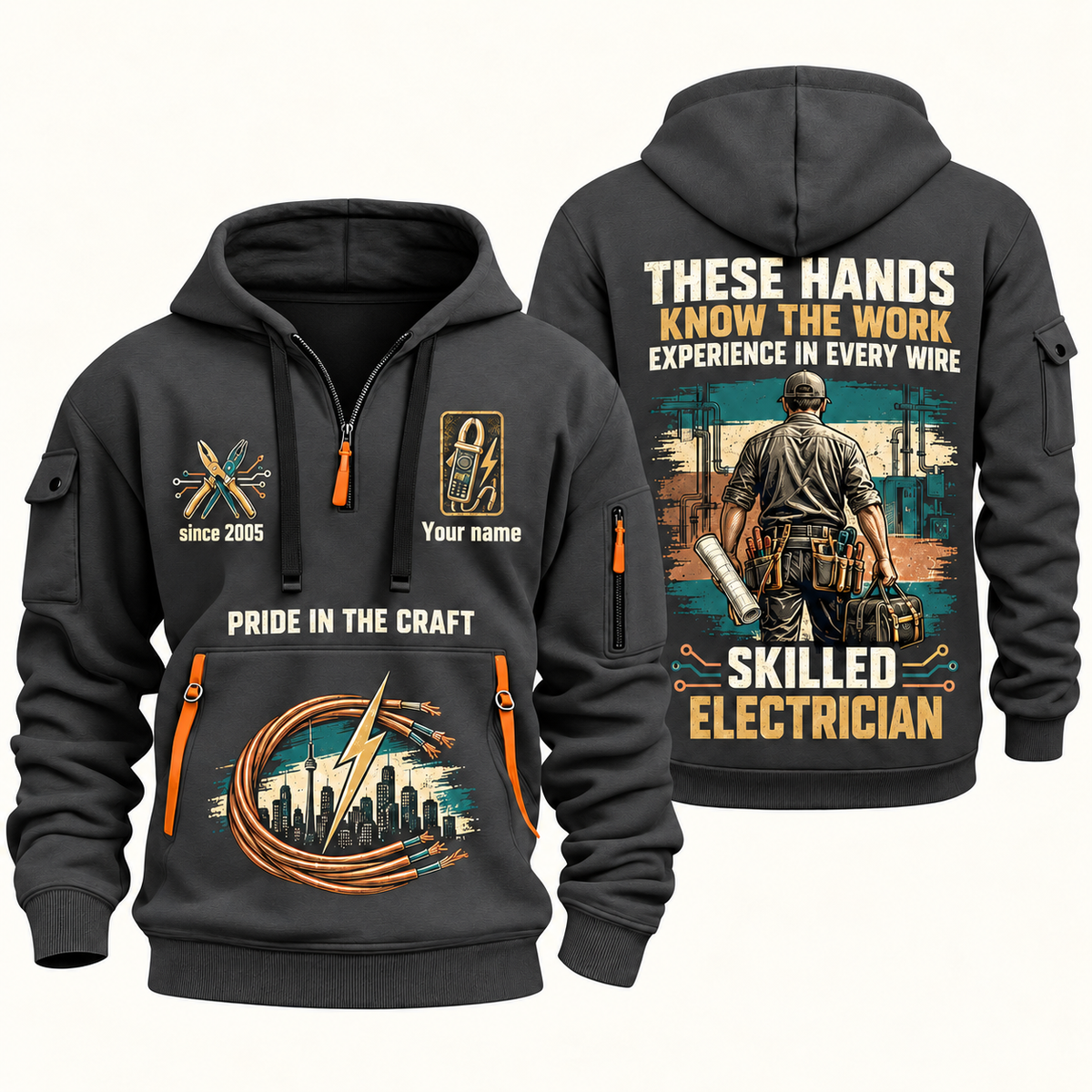 Electrician Hands That Power quarter-zip hoodie in Gray, front and back, Your name and since 2005 artwork