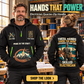 Electrician wearing Hands That Power quarter-zip hoodie in their workplace; product introduction and shopping call to action