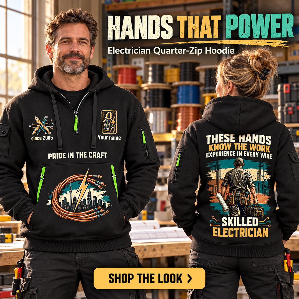 Electrician wearing Hands That Power quarter-zip hoodie in their workplace; product introduction and shopping call to action