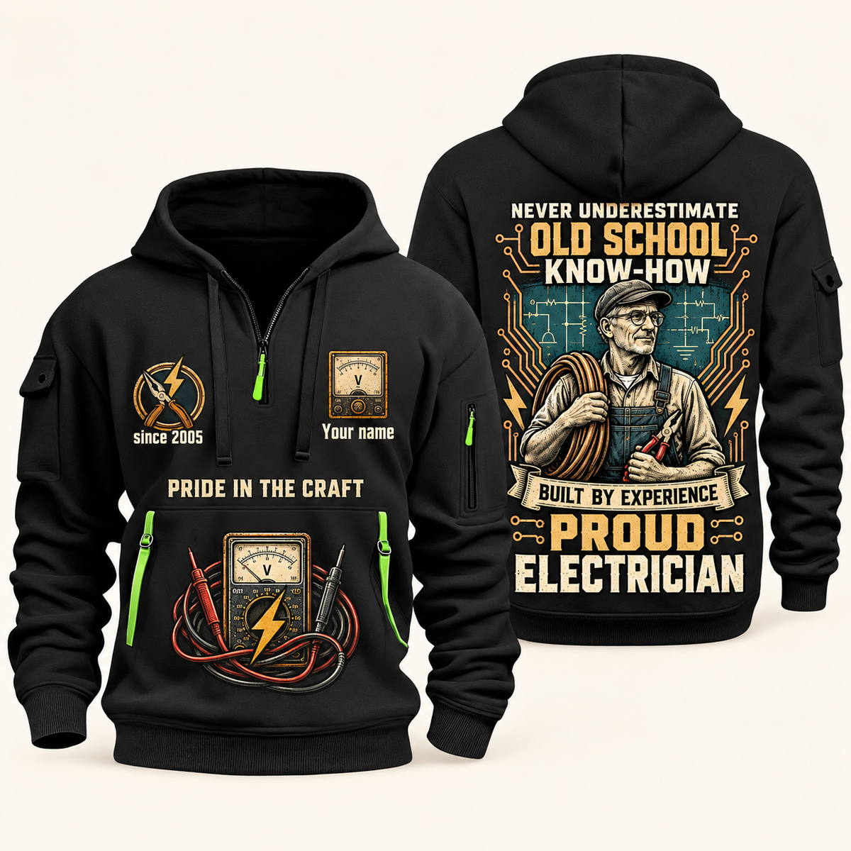 Electrician Old School quarter-zip hoodie in Black, front and back, Your name and since 2005 artwork