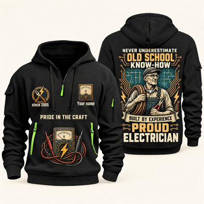 Electrician Old School quarter-zip hoodie in Black, front and back, Your name and since 2005 artwork