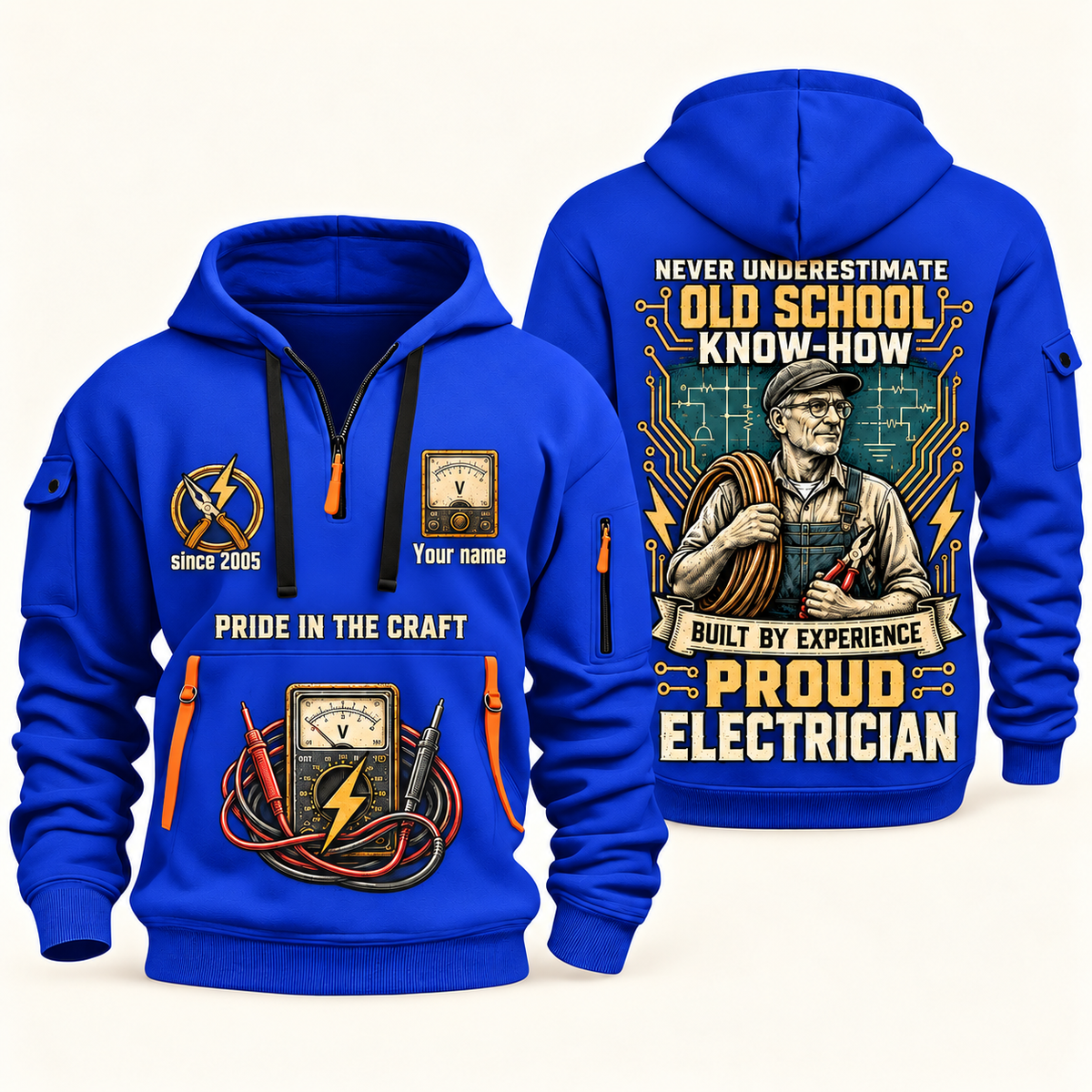 Electrician Old School quarter-zip hoodie in Blue, front and back, Your name and since 2005 artwork