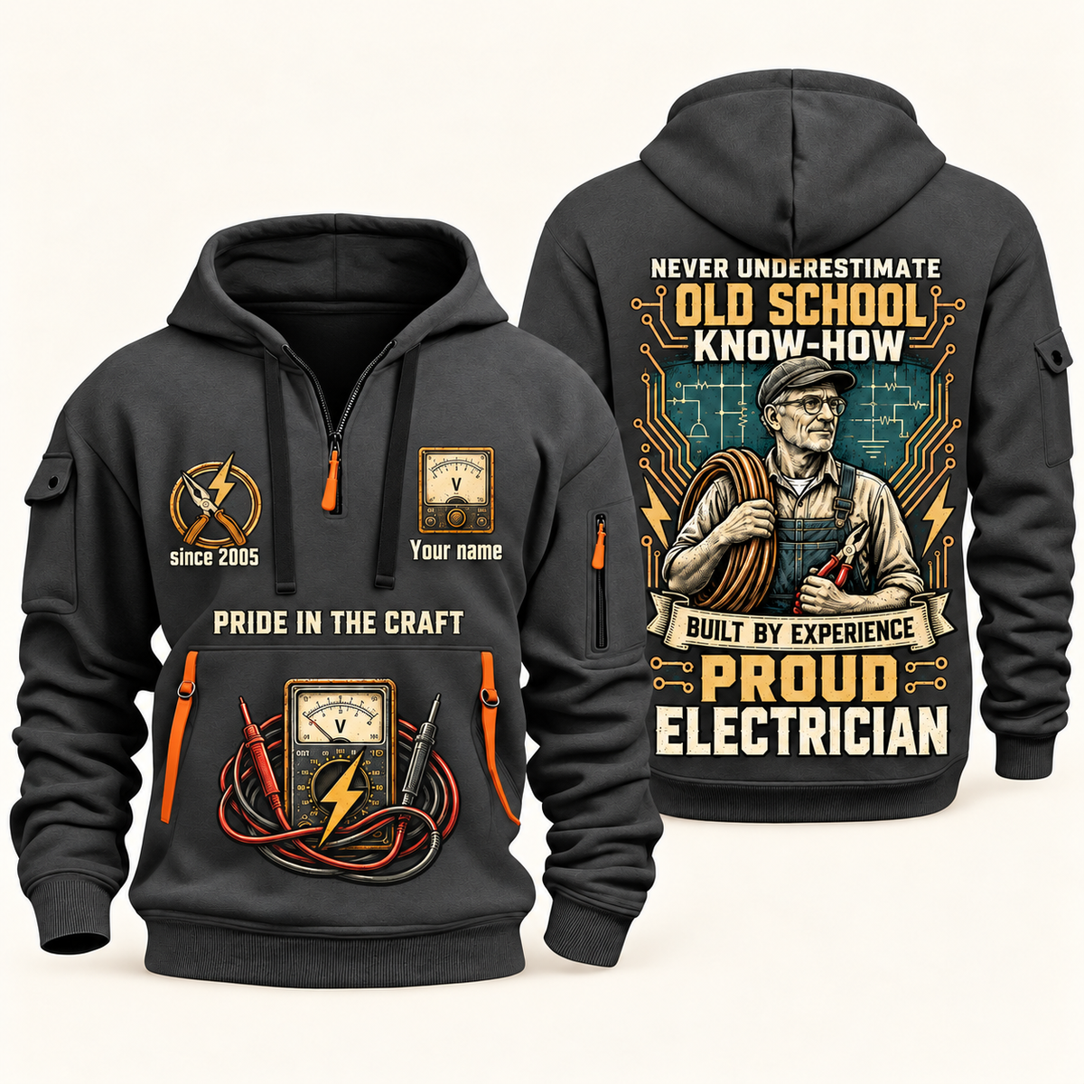 Electrician Old School quarter-zip hoodie in Gray, front and back, Your name and since 2005 artwork
