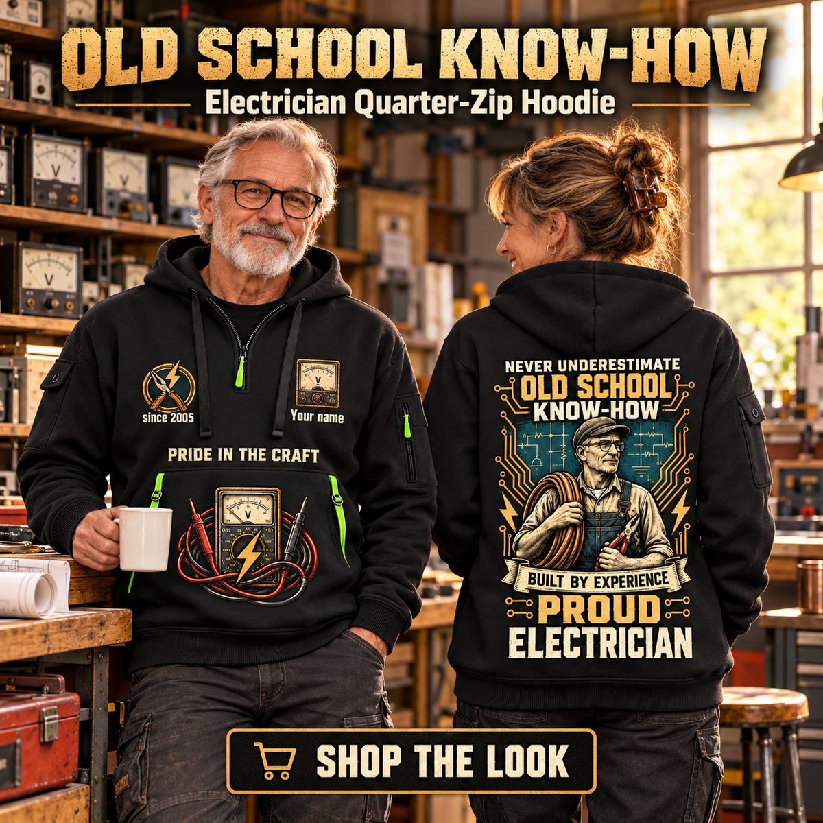 Electrician wearing Old School quarter-zip hoodie in their workplace; product introduction and shopping call to action