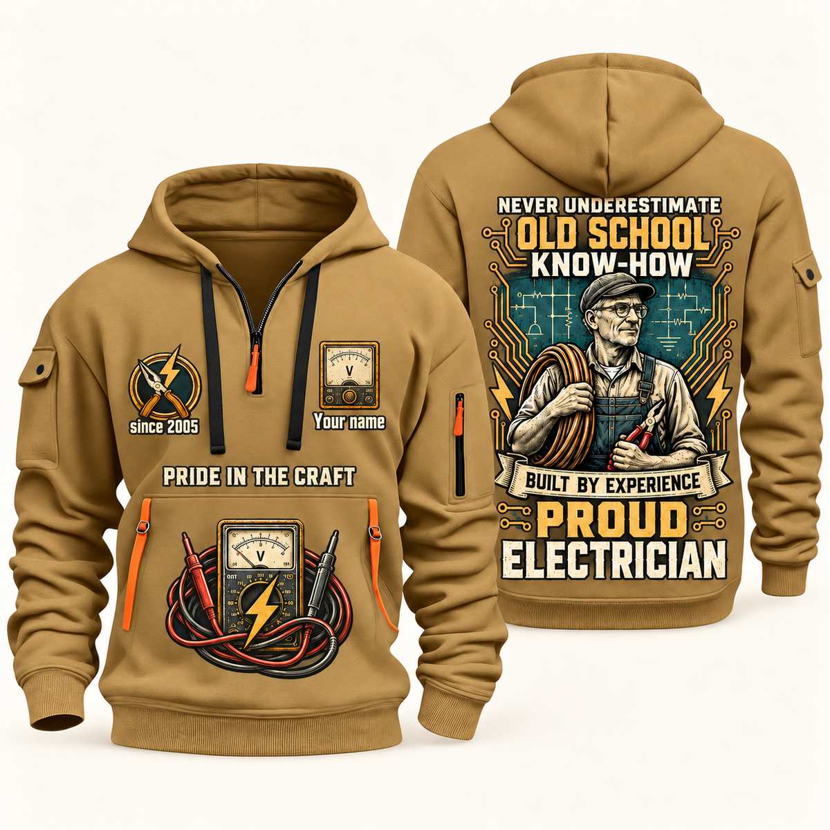 Electrician Old School quarter-zip hoodie in Khaki, front and back, Your name and since 2005 artwork