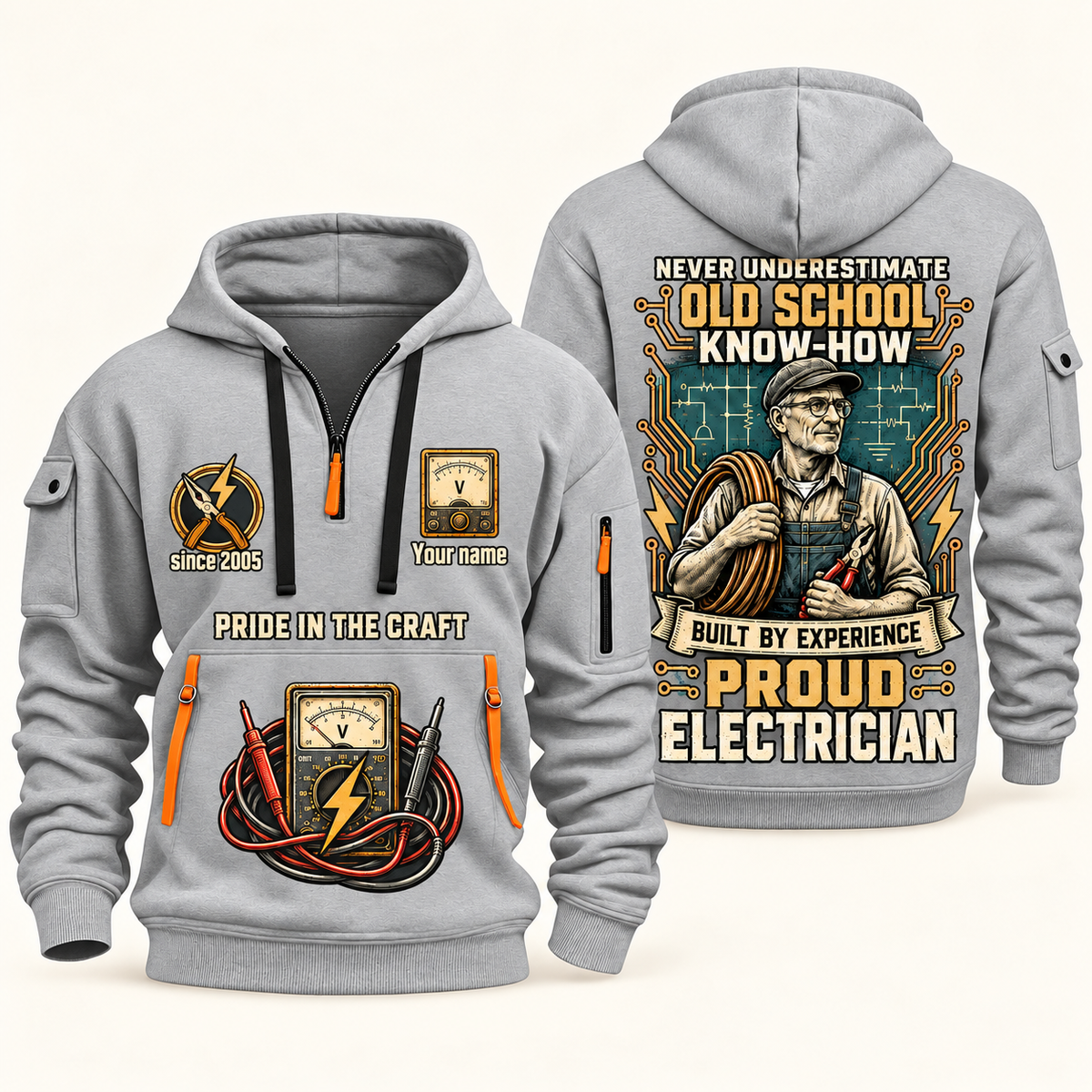 Electrician Old School quarter-zip hoodie in Light Grey, front and back, Your name and since 2005 artwork