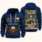 Electrician Old School quarter-zip hoodie in Navy, front and back, Your name and since 2005 artwork
