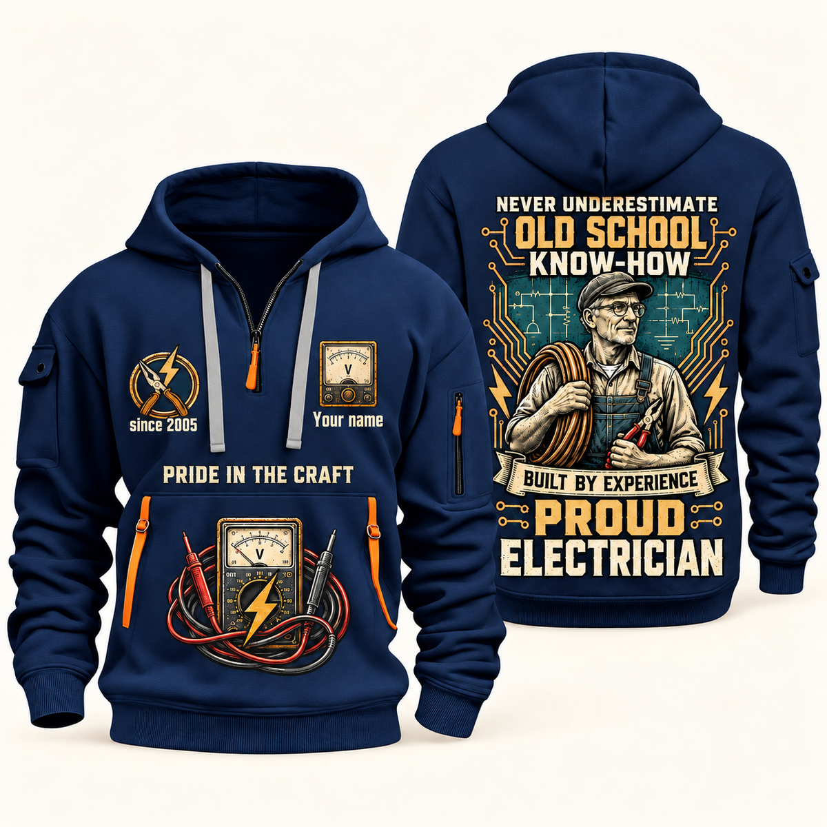 Electrician Old School quarter-zip hoodie in Navy, front and back, Your name and since 2005 artwork