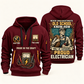 Electrician Old School quarter-zip hoodie in Wine Red, front and back, Your name and since 2005 artwork