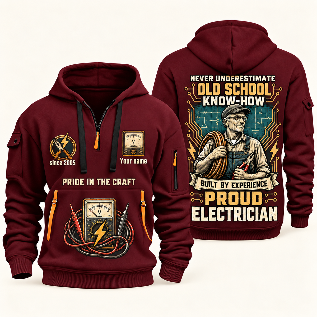 Electrician Old School quarter-zip hoodie in Wine Red, front and back, Your name and since 2005 artwork