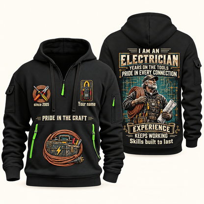 Electrician Experience Keeps Working quarter-zip hoodie in Black, front and back, Your name and since 2005 artwork