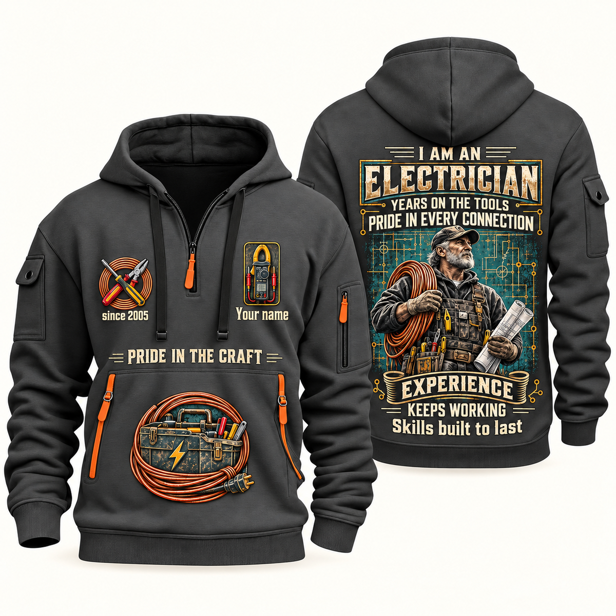 Electrician Experience Keeps Working quarter-zip hoodie in Gray, front and back, Your name and since 2005 artwork