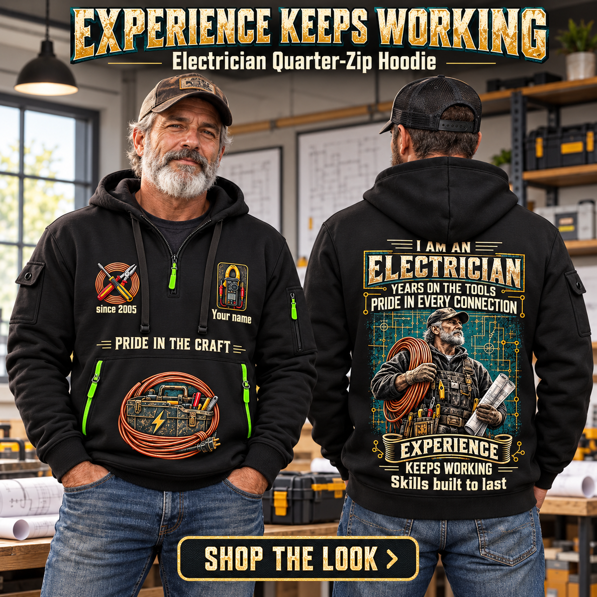 Electrician wearing Experience Keeps Working quarter-zip hoodie in their workplace; product introduction and shopping call to action