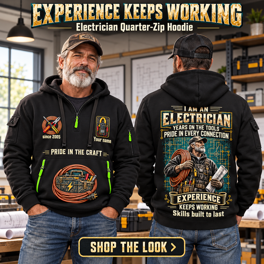 Electrician wearing Experience Keeps Working quarter-zip hoodie in their workplace; product introduction and shopping call to action