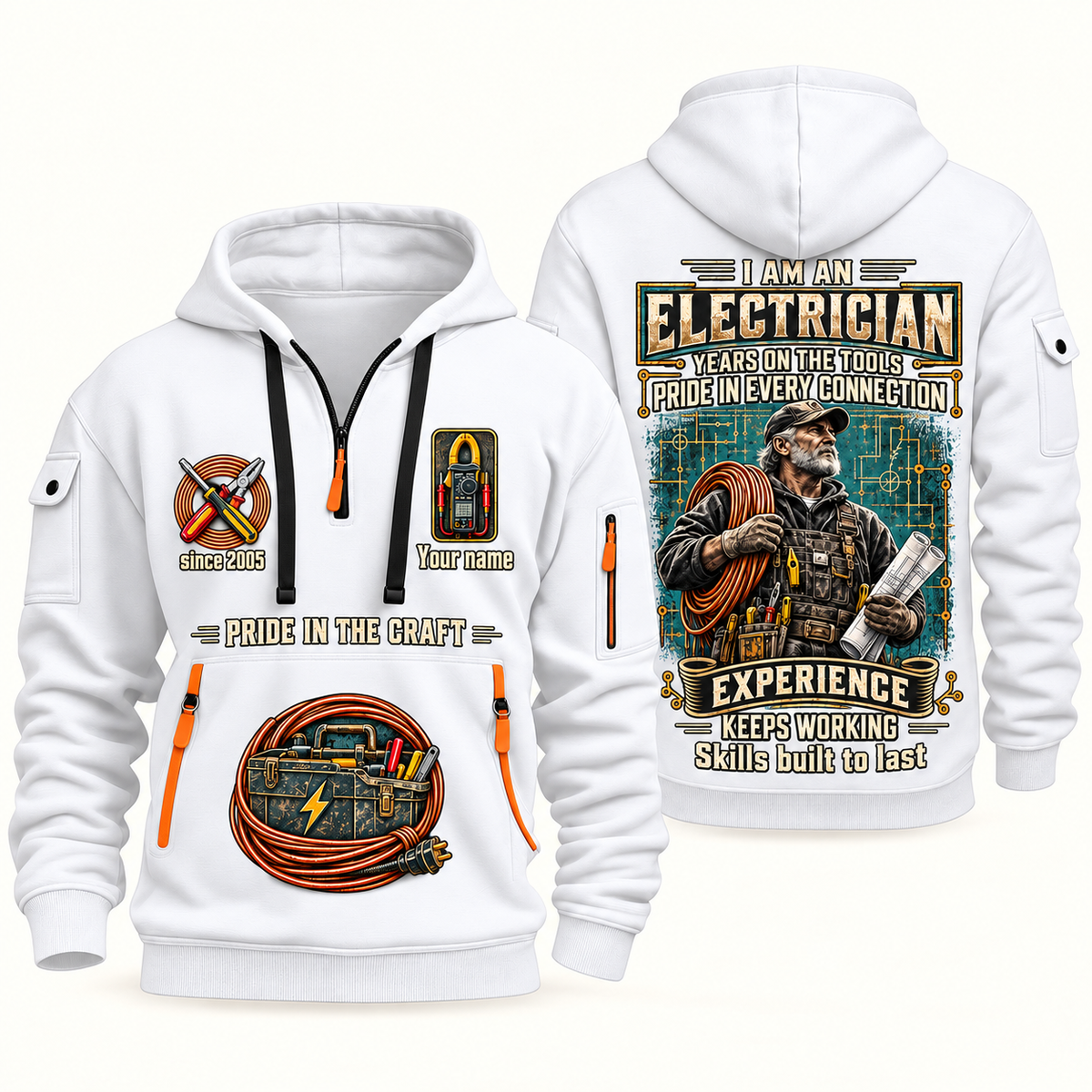 Electrician Experience Keeps Working quarter-zip hoodie in White, front and back, Your name and since 2005 artwork