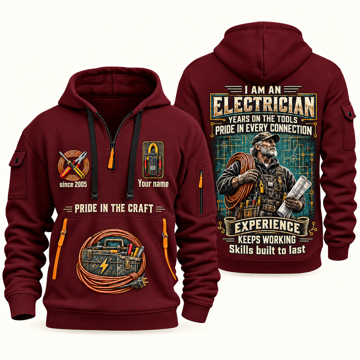 Electrician Experience Keeps Working quarter-zip hoodie in Wine Red, front and back, Your name and since 2005 artwork