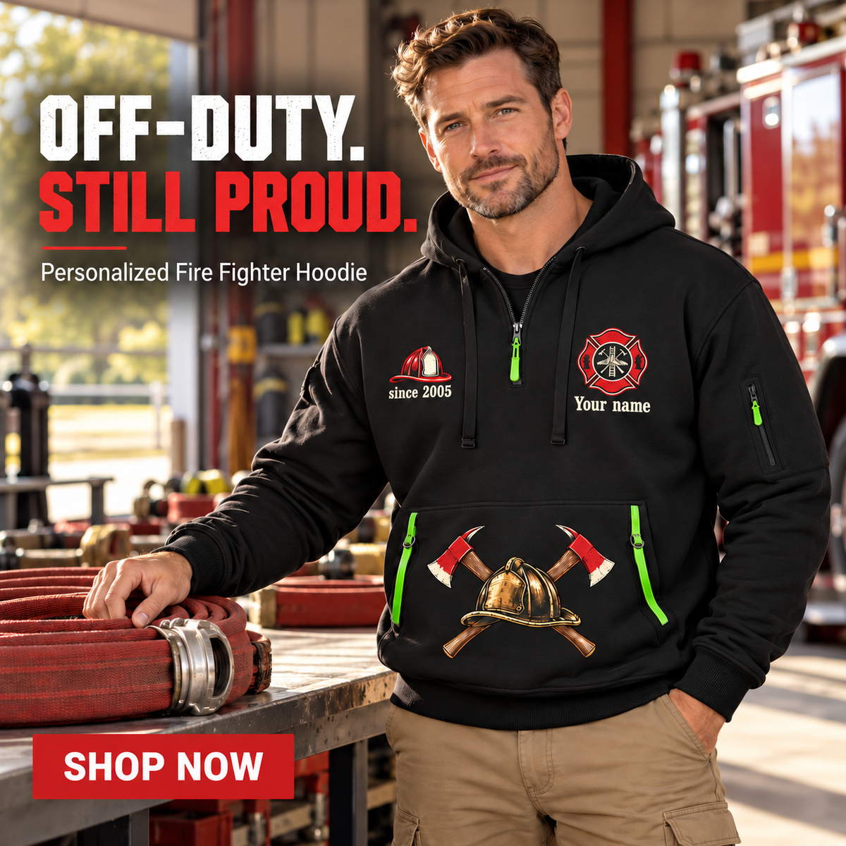 Fire Fighter wearing Answer the Call Boots and Hose quarter-zip hoodie in their workplace; product introduction and shopping call to action