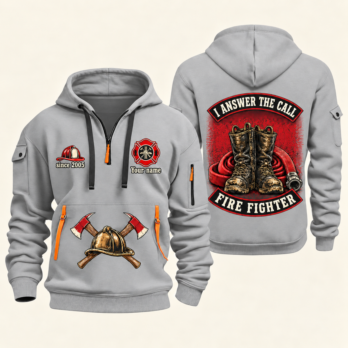 Fire Fighter Answer the Call Boots and Hose quarter-zip hoodie in Light Grey, front and back, Your name and since 2005 artwork