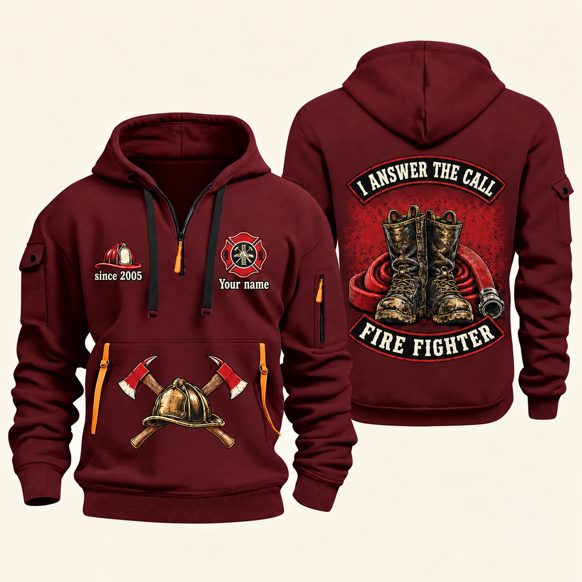 Fire Fighter Answer the Call Boots and Hose quarter-zip hoodie in Wine Red, front and back, Your name and since 2005 artwork