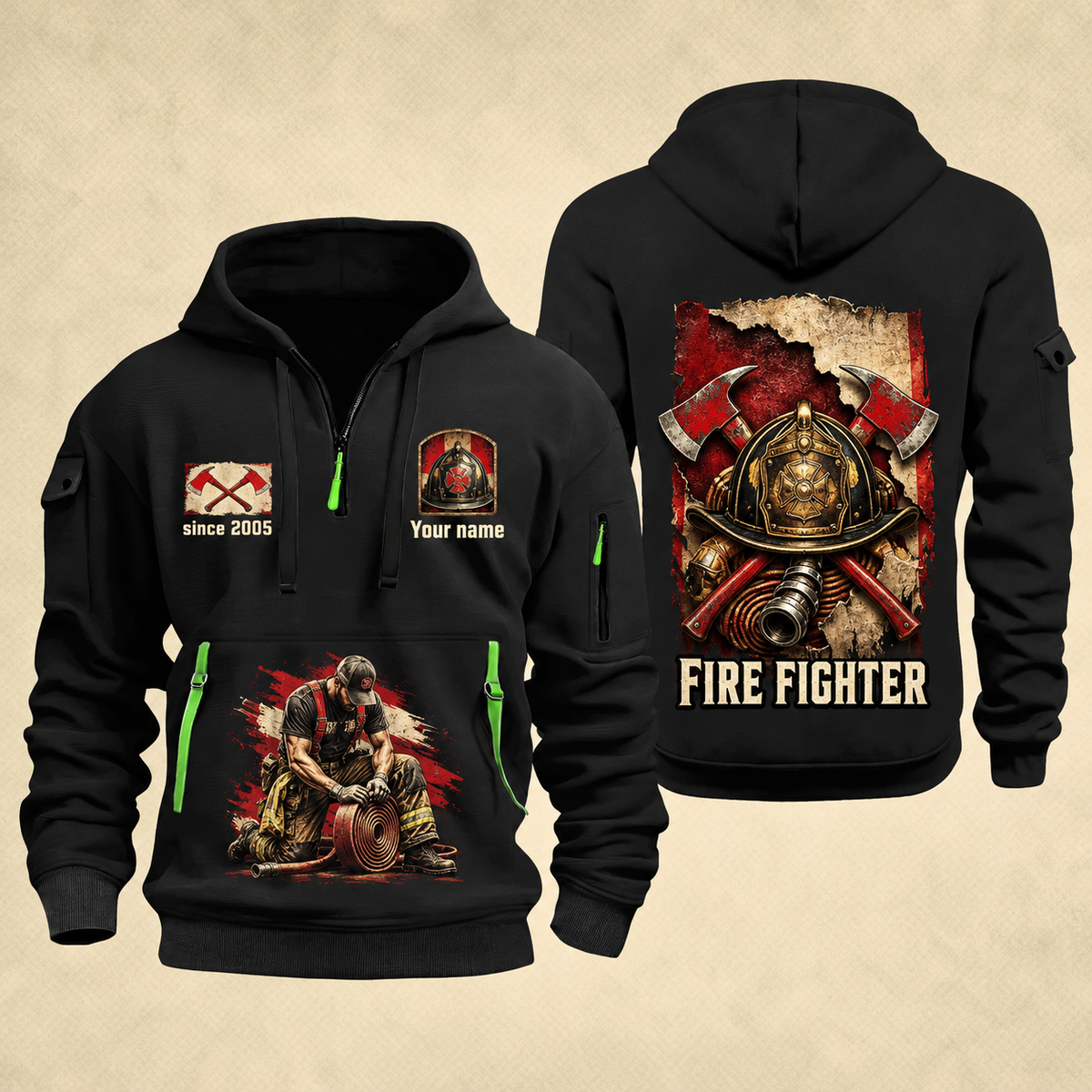 Fire Fighter Courage Helmet and Hose quarter-zip hoodie in Black, front and back, Your name and since 2005 artwork