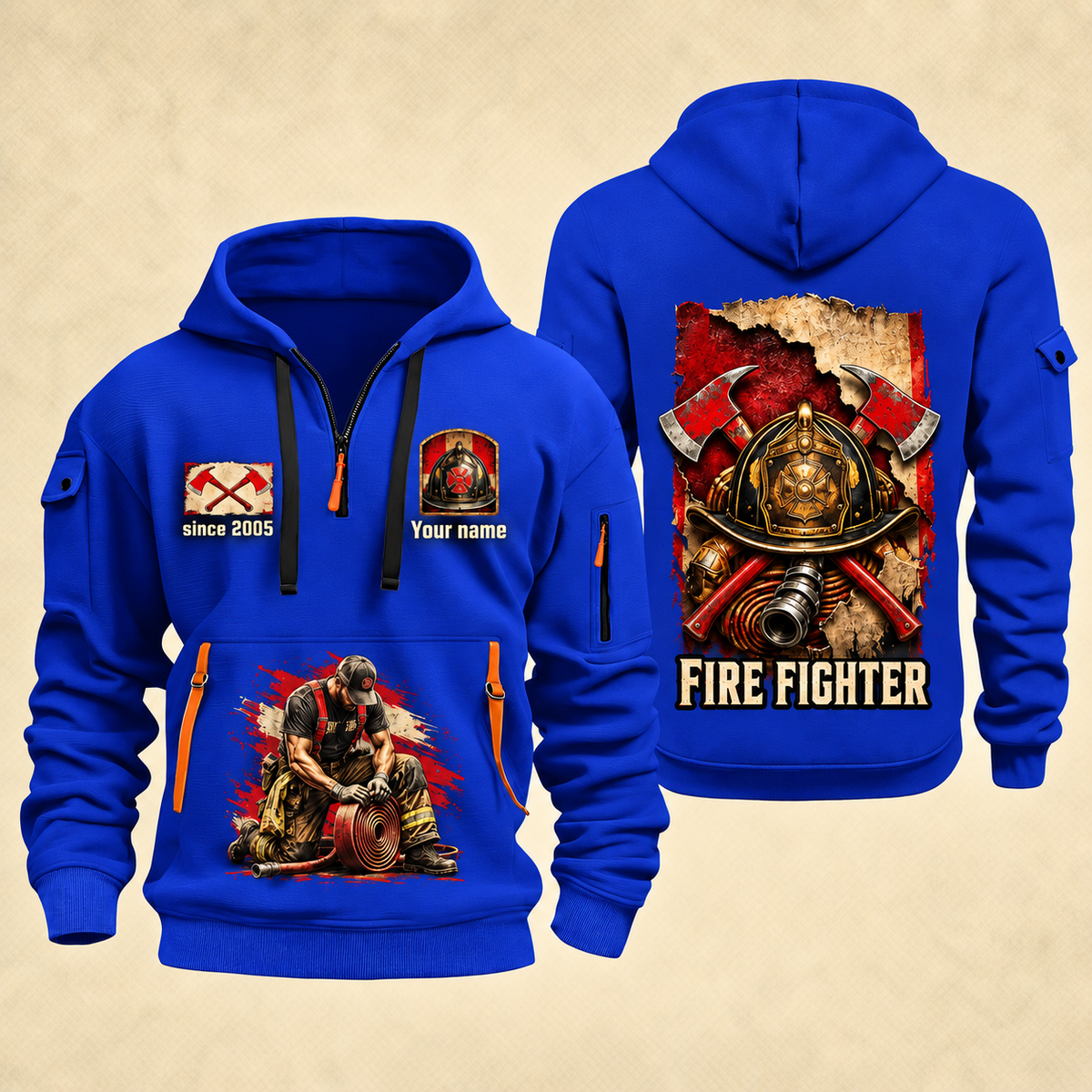 Fire Fighter Courage Helmet and Hose quarter-zip hoodie in Blue, front and back, Your name and since 2005 artwork