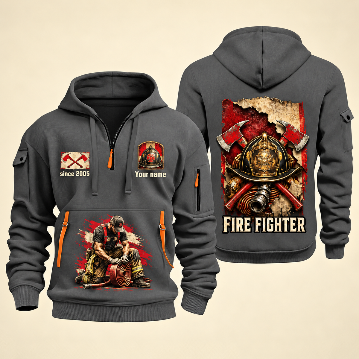 Fire Fighter Courage Helmet and Hose quarter-zip hoodie in Gray, front and back, Your name and since 2005 artwork