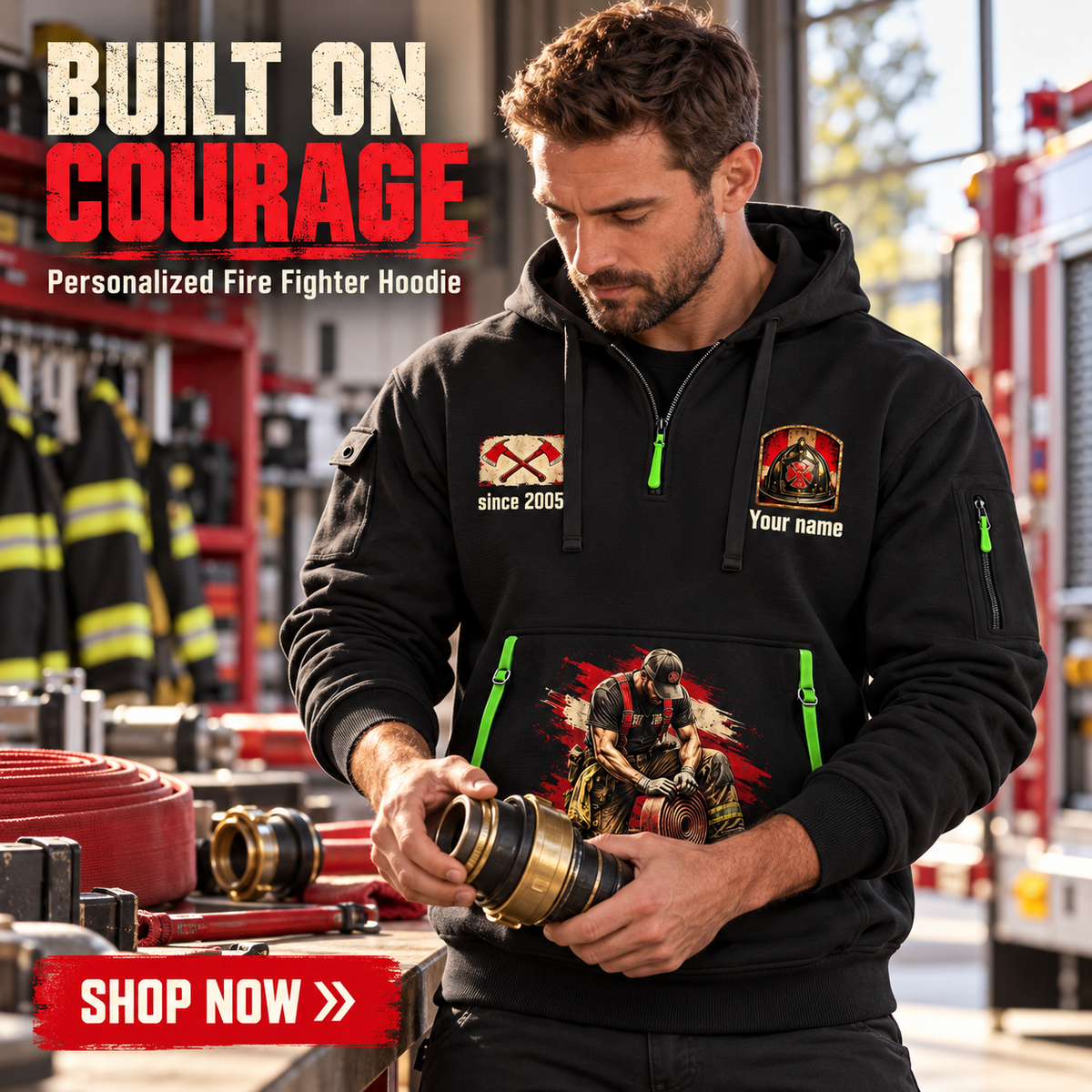 Fire Fighter wearing Courage Helmet and Hose quarter-zip hoodie in their workplace; product introduction and shopping call to action