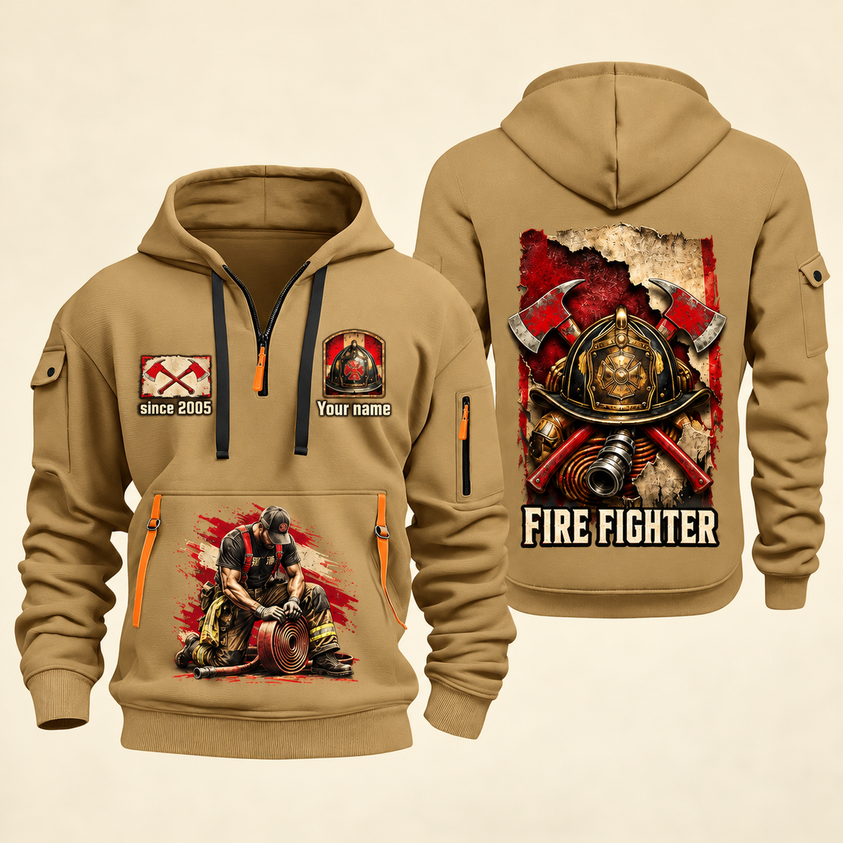 Fire Fighter Courage Helmet and Hose quarter-zip hoodie in Khaki, front and back, Your name and since 2005 artwork