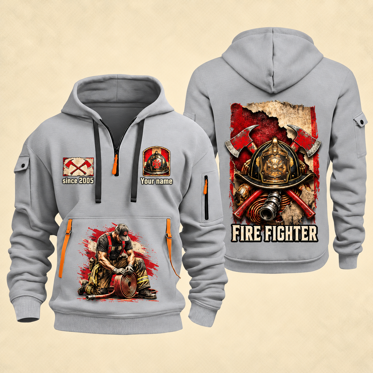 Fire Fighter Courage Helmet and Hose quarter-zip hoodie in Light Grey, front and back, Your name and since 2005 artwork