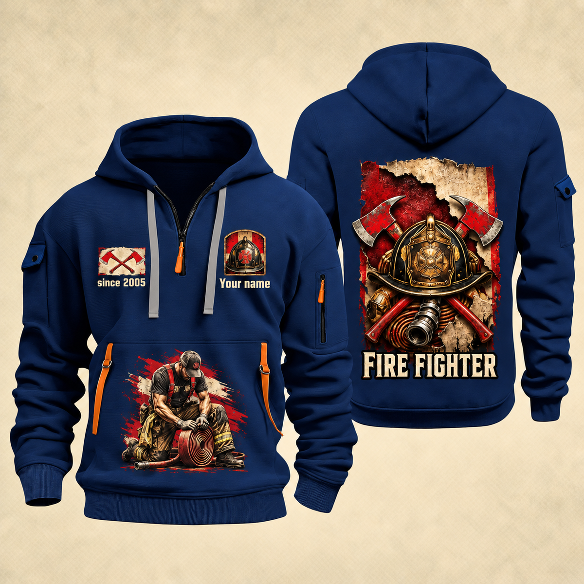 Fire Fighter Courage Helmet and Hose quarter-zip hoodie in Navy, front and back, Your name and since 2005 artwork