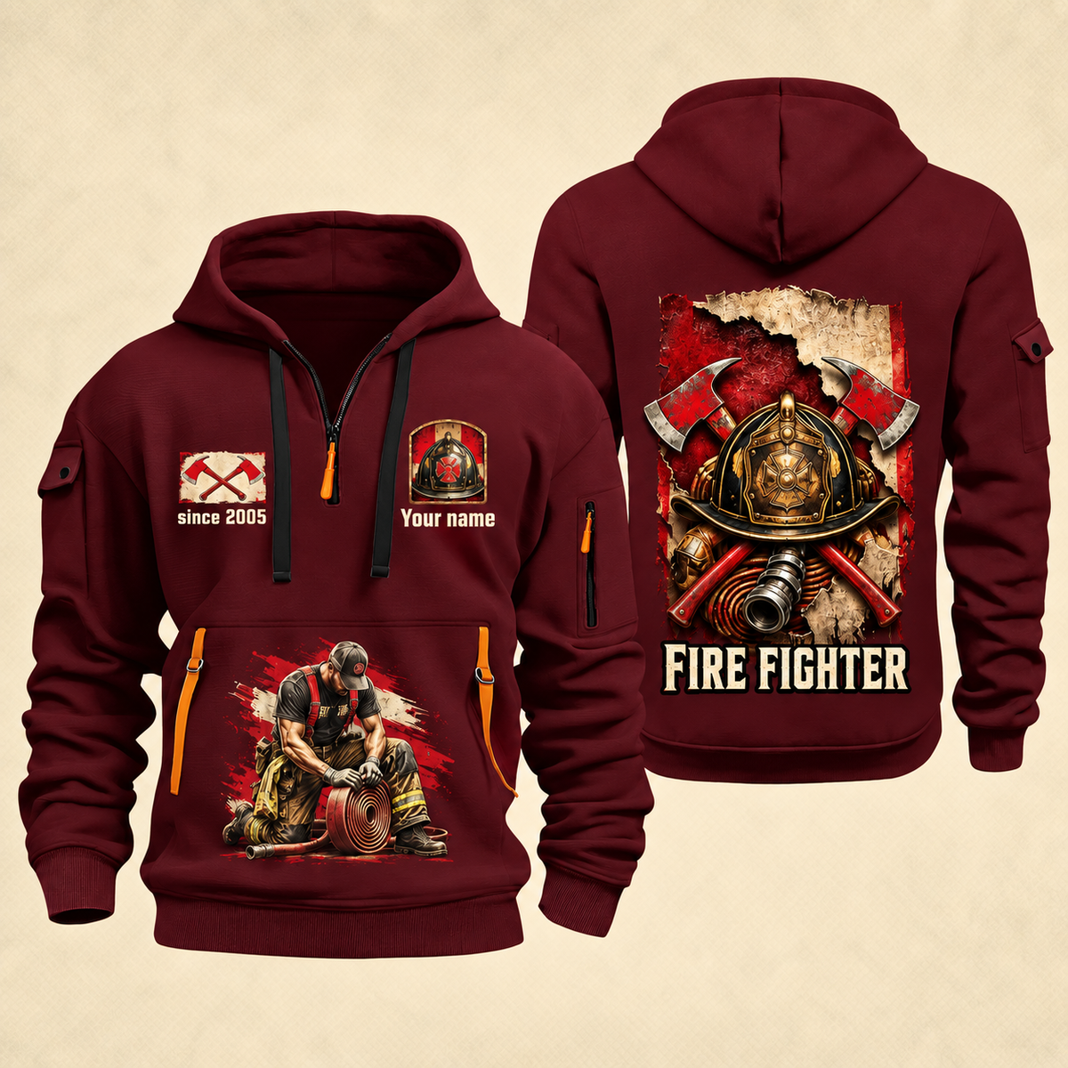 Fire Fighter Courage Helmet and Hose quarter-zip hoodie in Wine Red, front and back, Your name and since 2005 artwork