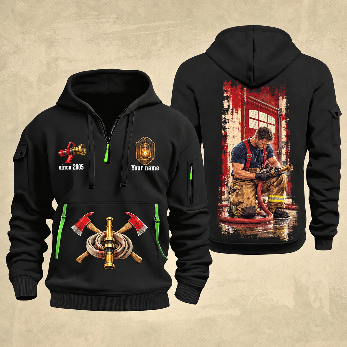 Fire Fighter Station Detail Lantern and Nozzle quarter-zip hoodie in Black, front and back, Your name and since 2005 artwork