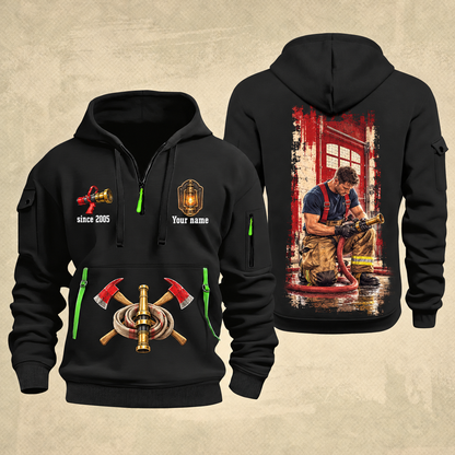 Fire Fighter Station Detail Lantern and Nozzle quarter-zip hoodie in Black, front and back, Your name and since 2005 artwork