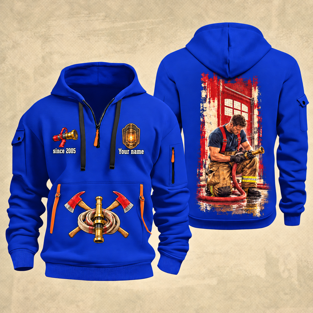 Fire Fighter Station Detail Lantern and Nozzle quarter-zip hoodie in Blue, front and back, Your name and since 2005 artwork