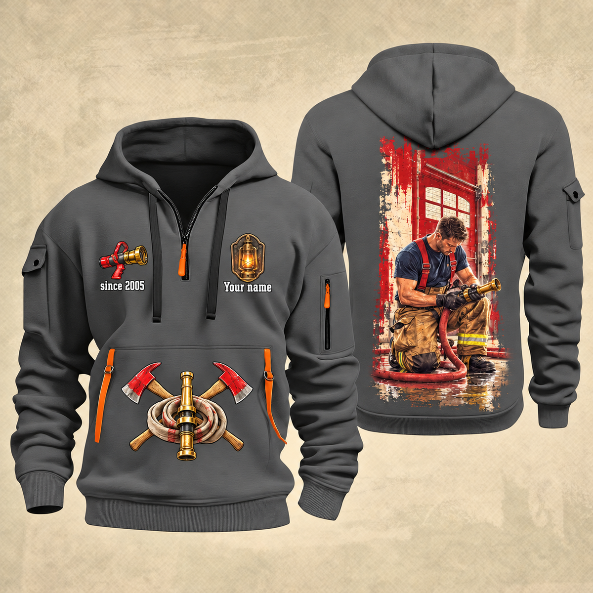 Fire Fighter Station Detail Lantern and Nozzle quarter-zip hoodie in Gray, front and back, Your name and since 2005 artwork