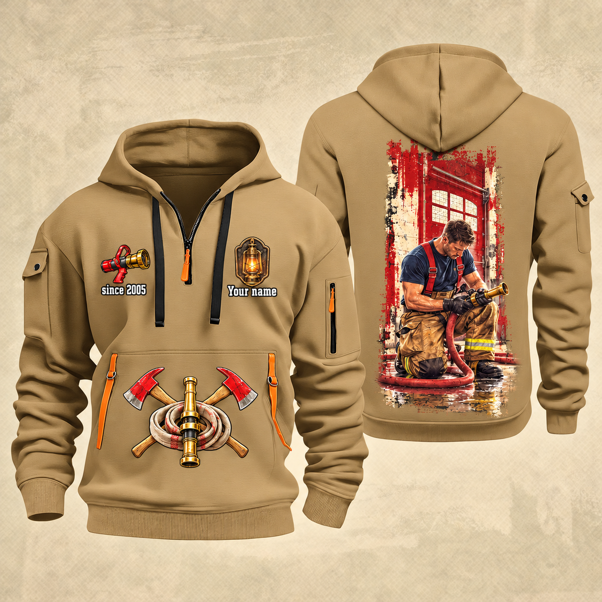 Fire Fighter Station Detail Lantern and Nozzle quarter-zip hoodie in Khaki, front and back, Your name and since 2005 artwork