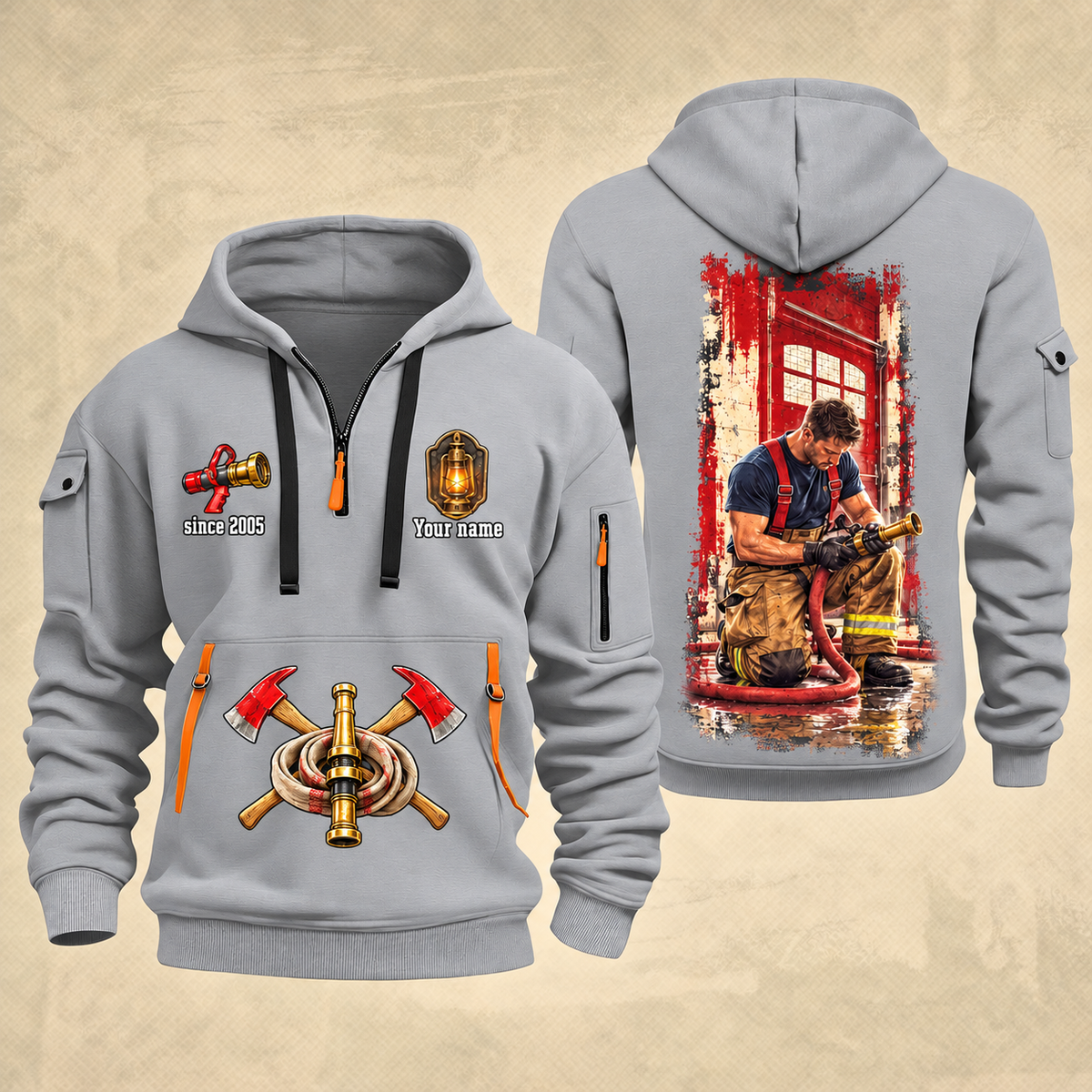 Fire Fighter Station Detail Lantern and Nozzle quarter-zip hoodie in Light Grey, front and back, Your name and since 2005 artwork