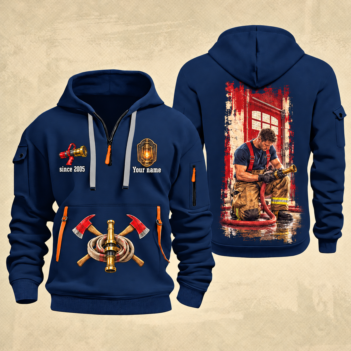 Fire Fighter Station Detail Lantern and Nozzle quarter-zip hoodie in Navy, front and back, Your name and since 2005 artwork