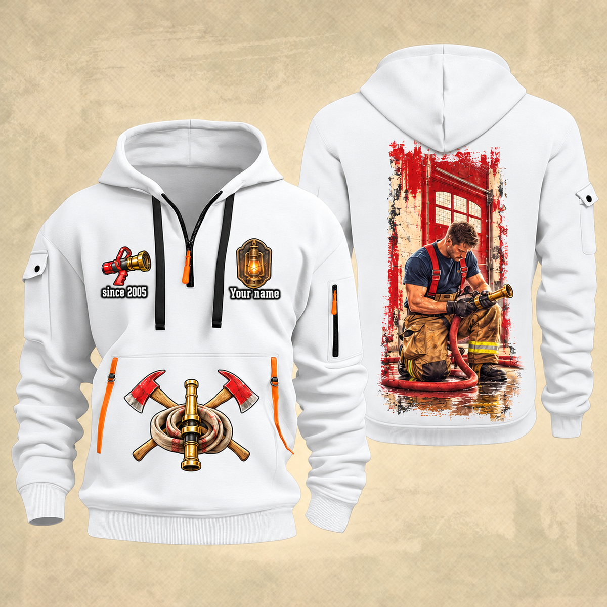 Fire Fighter Station Detail Lantern and Nozzle quarter-zip hoodie in White, front and back, Your name and since 2005 artwork