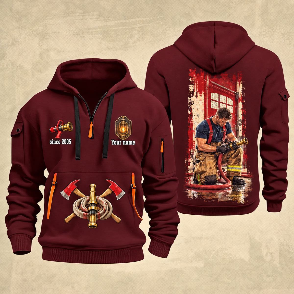 Fire Fighter Station Detail Lantern and Nozzle quarter-zip hoodie in Wine Red, front and back, Your name and since 2005 artwork