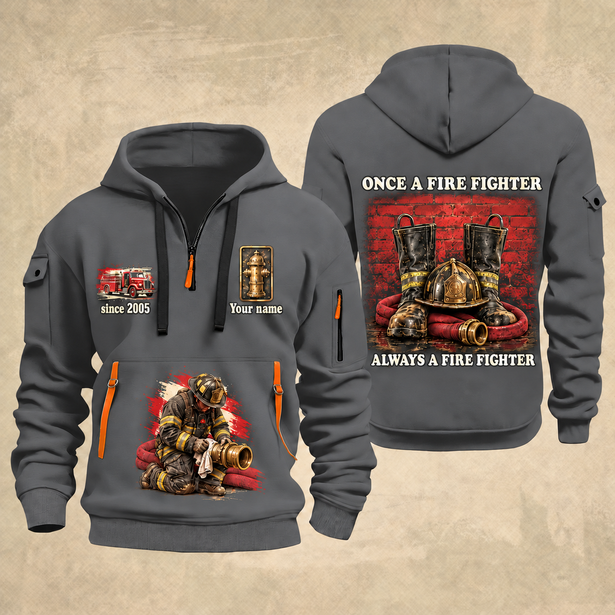 Fire Fighter Once and Always Fire Fighter quarter-zip hoodie in Gray, front and back, Your name and since 2005 artwork