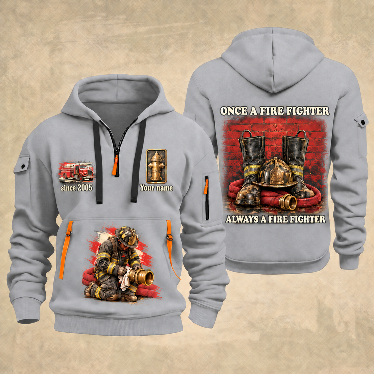 Fire Fighter Once and Always Fire Fighter quarter-zip hoodie in Light Grey, front and back, Your name and since 2005 artwork
