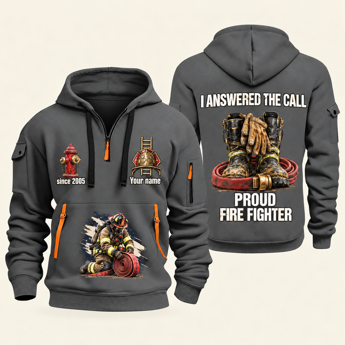 Fire Fighter Proud to Answer the Call quarter-zip hoodie in Gray, front and back, Your name and since 2005 artwork