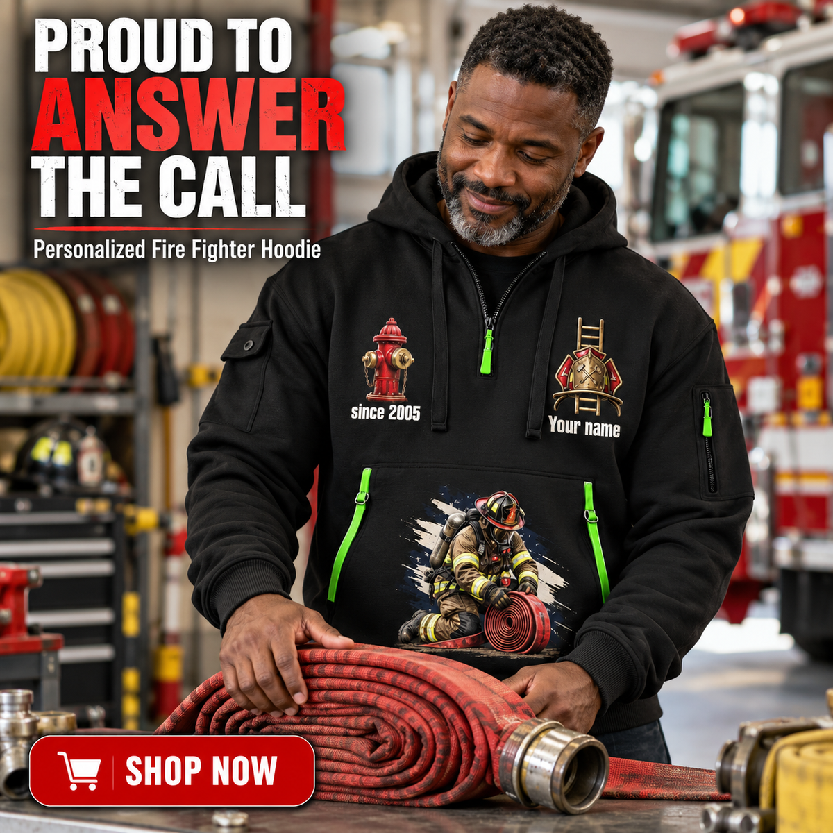 Fire Fighter wearing Proud to Answer the Call quarter-zip hoodie in their workplace; product introduction and shopping call to action