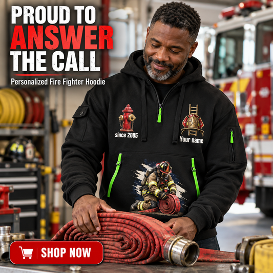 Fire Fighter wearing Proud to Answer the Call quarter-zip hoodie in their workplace; product introduction and shopping call to action