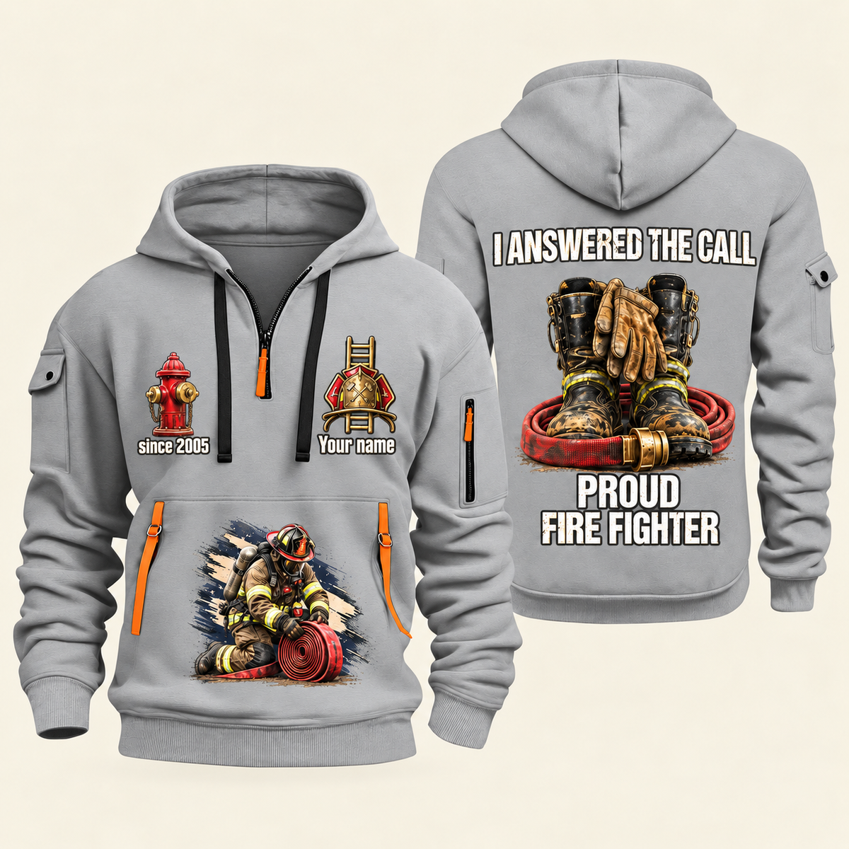 Fire Fighter Proud to Answer the Call quarter-zip hoodie in Light Grey, front and back, Your name and since 2005 artwork