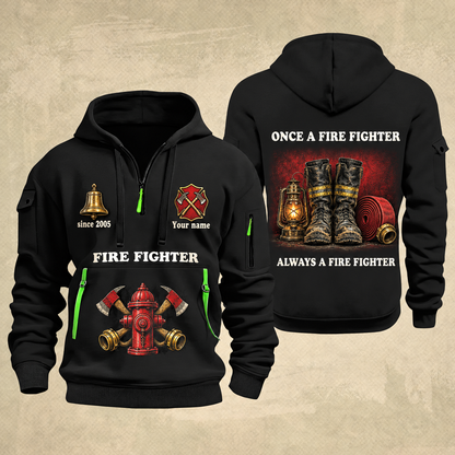 Fire Fighter Lifelong Fire Service Bell and Lantern quarter-zip hoodie in Black, front and back, Your name and since 2005 artwork